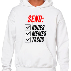 Ropa: Hoodie Unisex diseño de send, nudes, memes, tacos, risa Ilustracion Humor